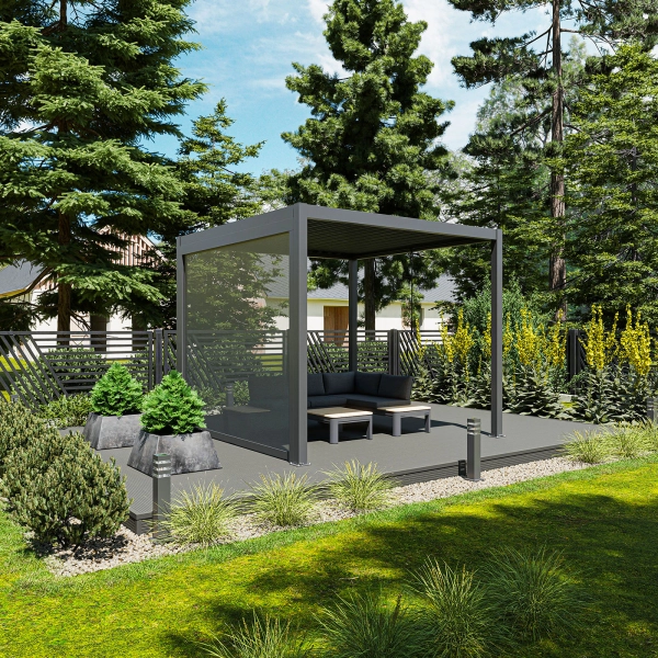 Zestaw Pergola ogrodowa tarasowa aluminiowa NORDVIC Skyline 3 x 3 m Antracyt + Roleta 3 m